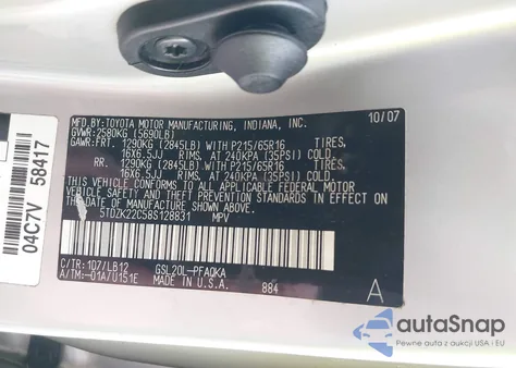 2008 Toyota Sienna Xle z USA, uszkodzony, nr VIN 5TDZK22C58S128831